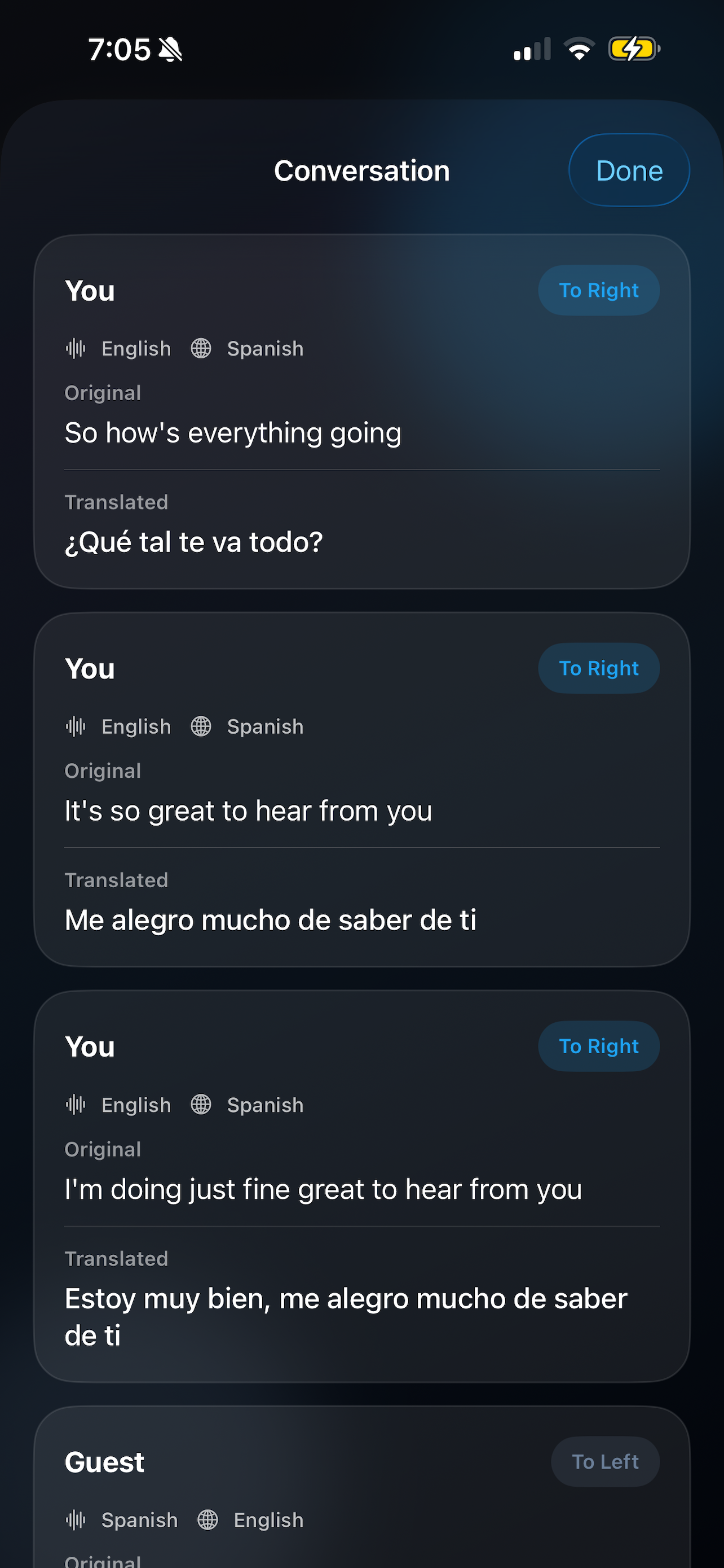 VoxBridge conversation history showing original and translated phrases