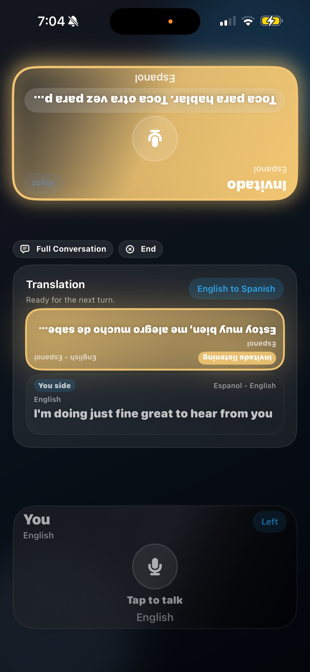 VoxBridge guest response screen during translation