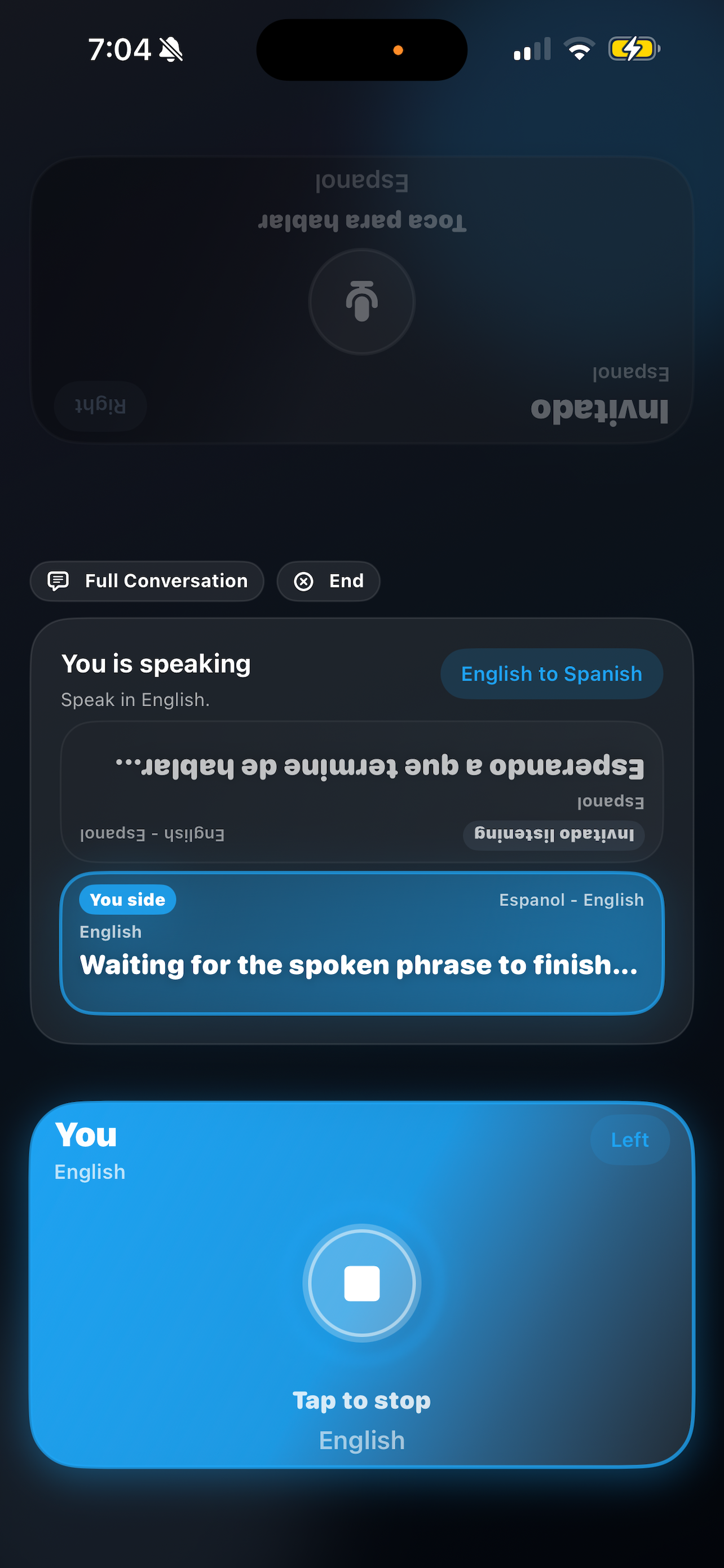 VoxBridge speaking screen for the primary user